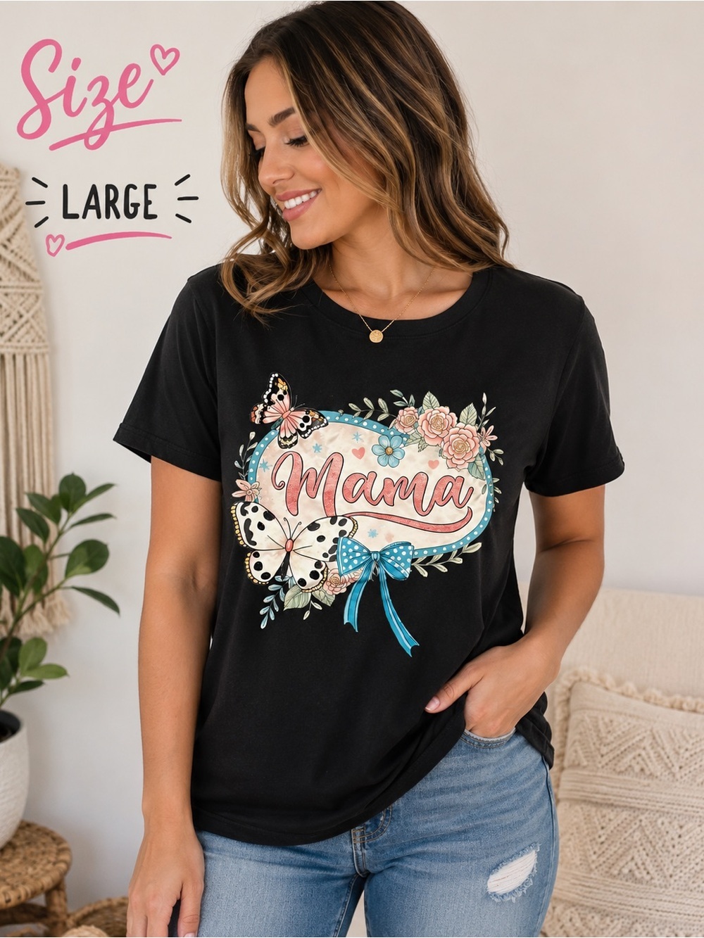 Essentials Black Short-Sleeve Tee with 'Mama' Floral & Butterfly Graphic LARGE